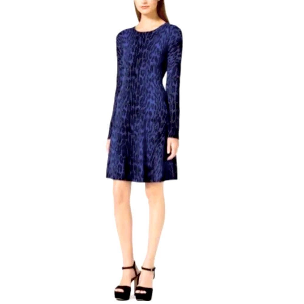 MICHAEL Michael Kors Blue and Black Leopard Print Long-Sleeve Sweater Dress, XS